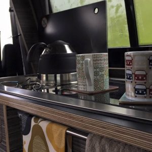 mugs in camper van kitchen